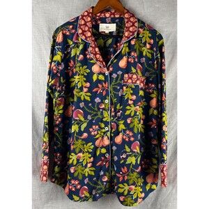 PrintFresh Pj Top Women's S Navy Contrast Trim Organic Cotton Button Up Fruit